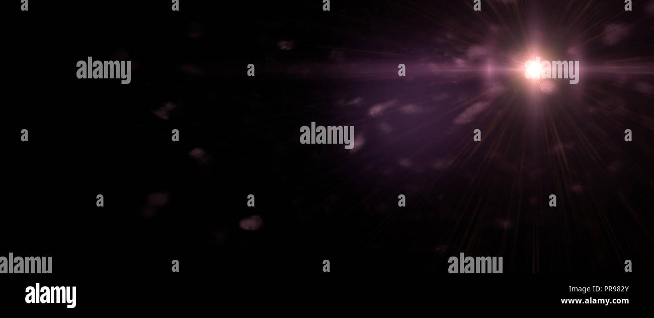 Schermo lens flare effetto texture overlay in sfumature di viola e viola con bokeh e diagonal anamorfico striatura di luce davanti a uno sfondo nero Foto Stock
