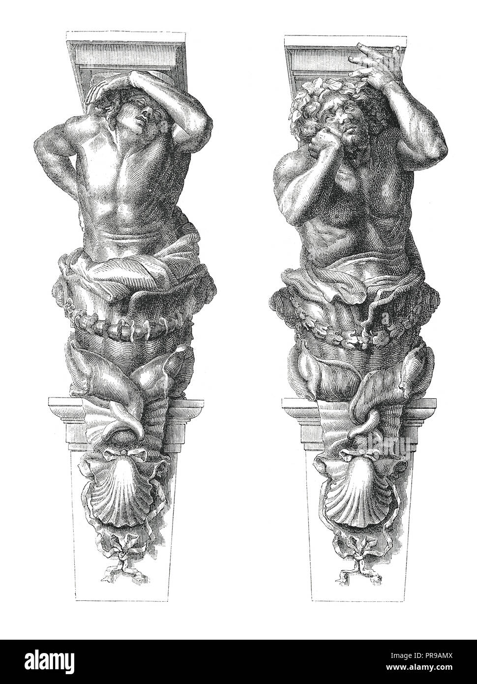 Xix secolo illustrazione delle cariatidi a hotel de ville di Tolone, da Puget . Illustrazione originale pubblicato in Le magasin pittoresco da M. A. Lachevard Foto Stock