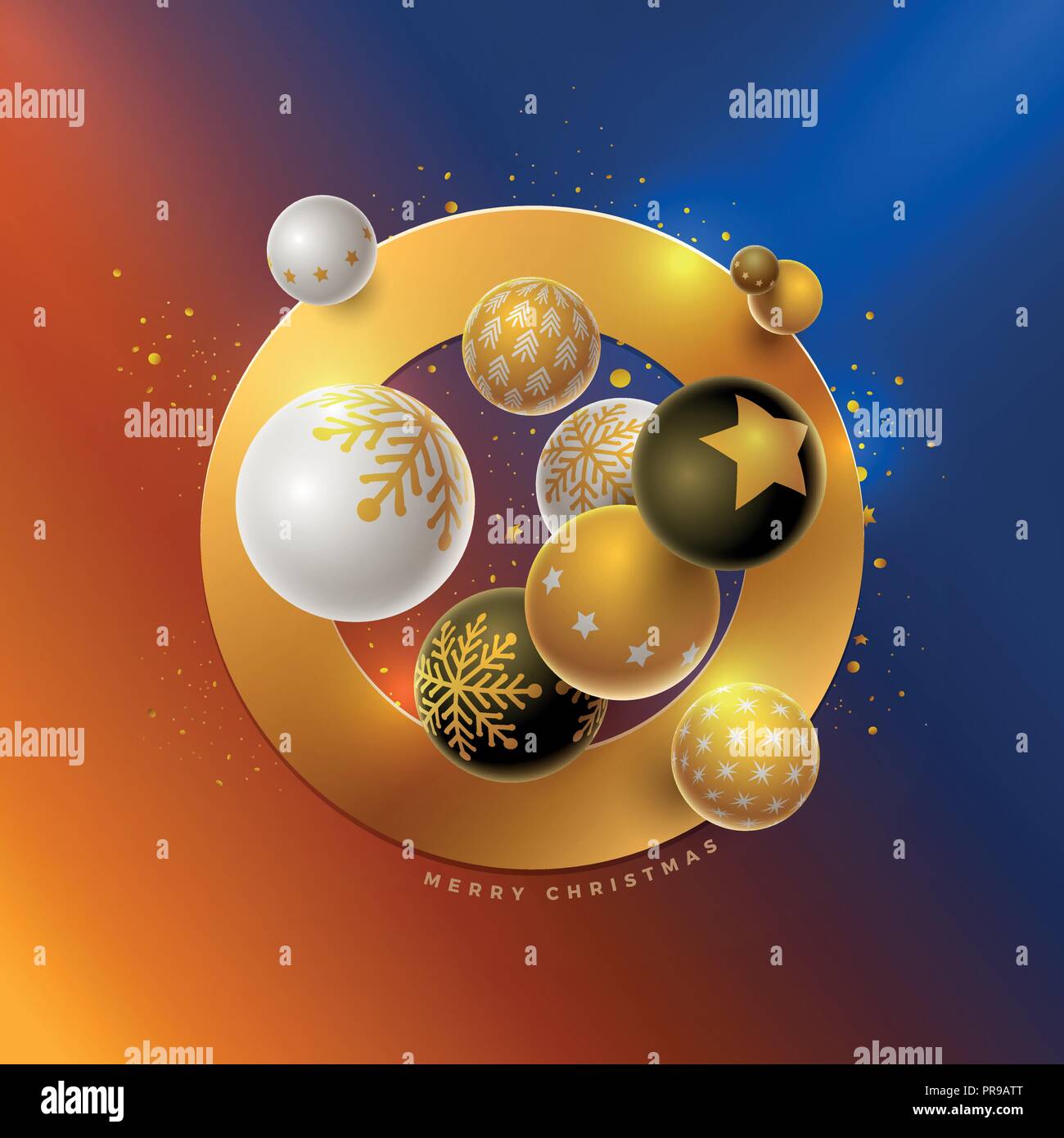 Vettore di Natale e Anno nuovo bigliettino con design 3D bianco, nero e oro palle di Natale . Gli elementi sono stratificati separatamente in file vettoriale. Illustrazione Vettoriale