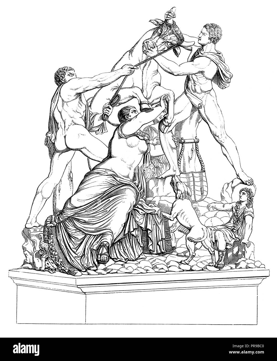 Xix secolo illustrazione del Toro Farnese, o la punizione di Dirce, gruppo marmoreo nel museo a Napoli, Italia. Il Toro Farnese, in precedenza ho Foto Stock