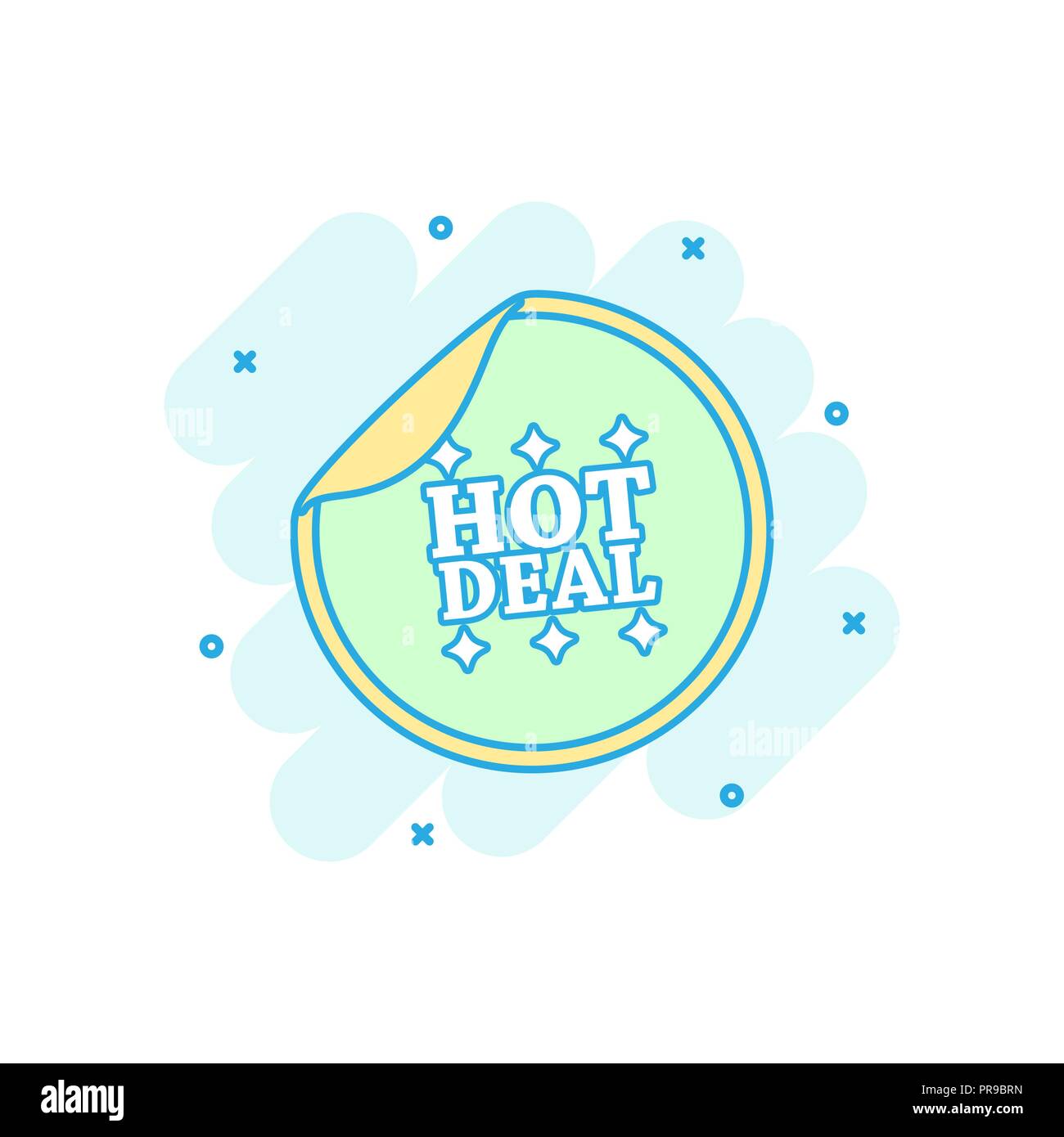 Colorato Cartoon Hot deal sticker icona in stile fumetto. Illustrazione dello Shopping pittogramma. Hot deal segno splash concetto aziendale. Illustrazione Vettoriale