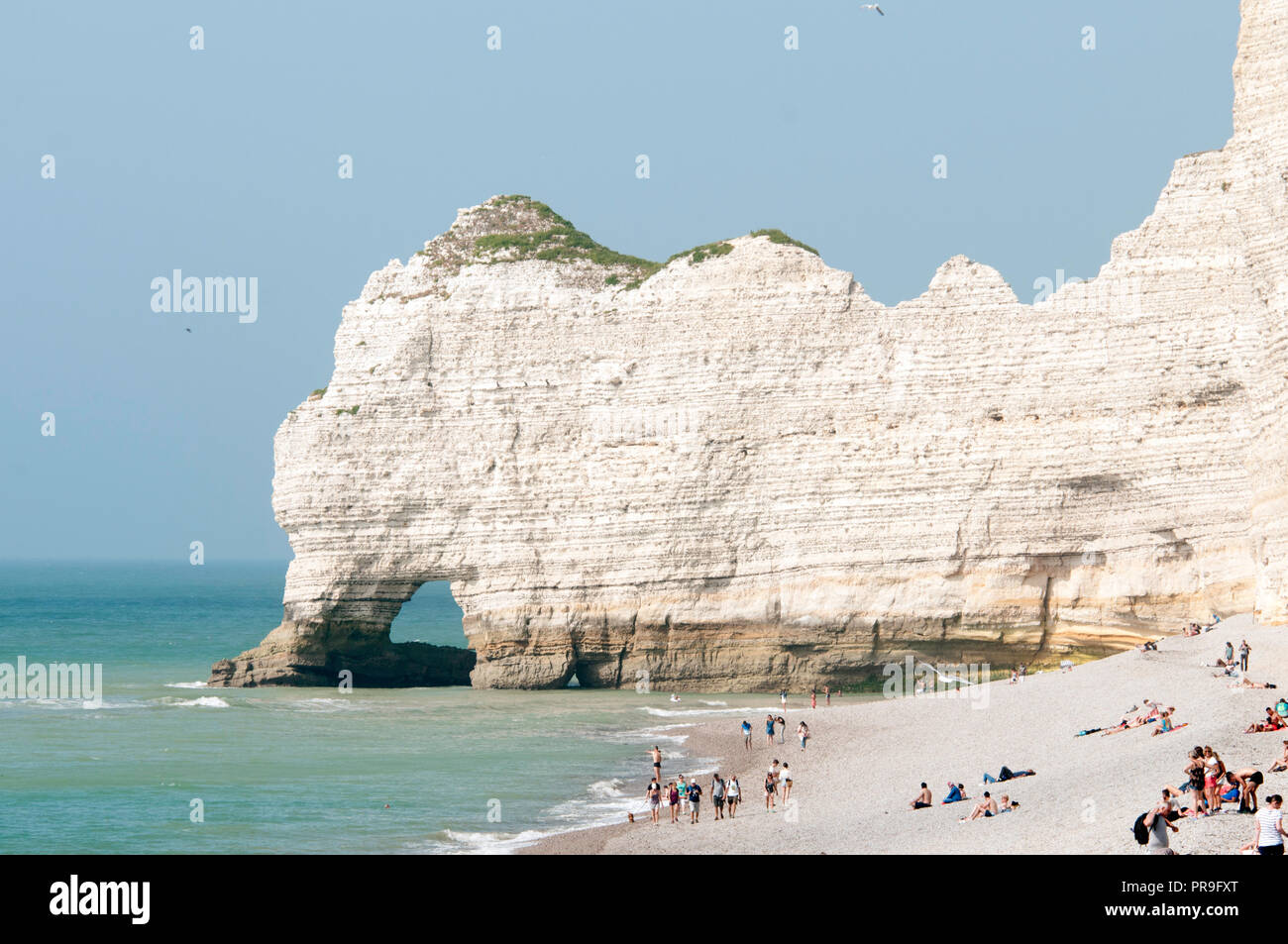Il bianco gesso Scogliere di Etretat, Francia con ampie spiaggia ghiaiosa e archi naturali, una bella cittadina di mare in Alta Normandia per una gita di un giorno Foto Stock