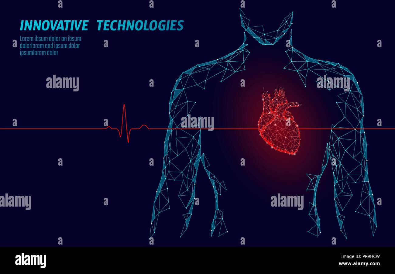 Silhouette uomo sano cuore batte 3d modello di medicina a bassa poli. Triangolo di punti collegati glow punto sfondo rosso. Impulso corpo interno moderne tecnologie innovative rendono illustrazione vettoriale Illustrazione Vettoriale
