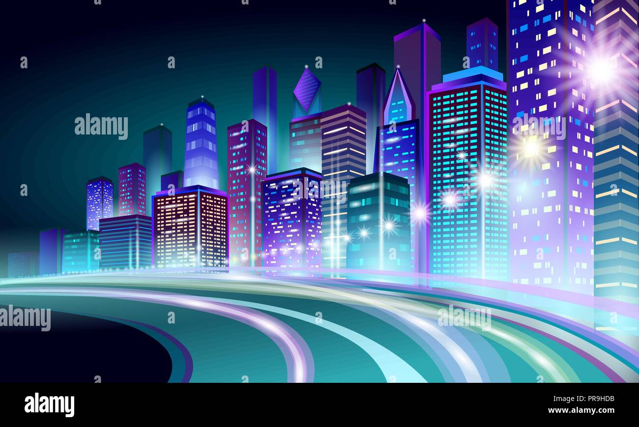Smart city 3D neon incandescente cityscape. Edificio Intelligente tracciato autostradale notte futuristico concetto di business. Web online colori vividi cyberpunk retrowave. Tecnologia urbano banner illustrazione vettoriale Illustrazione Vettoriale