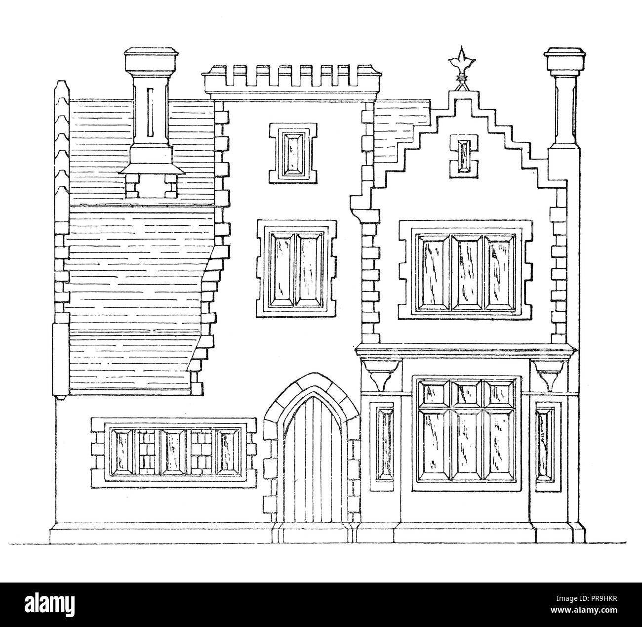 Xix secolo illustrazione della vista in elevazione frontale di un cottage in stile gotico domestici o in stile Tudor, (il Tudor stile architettonico è la finale devel Foto Stock
