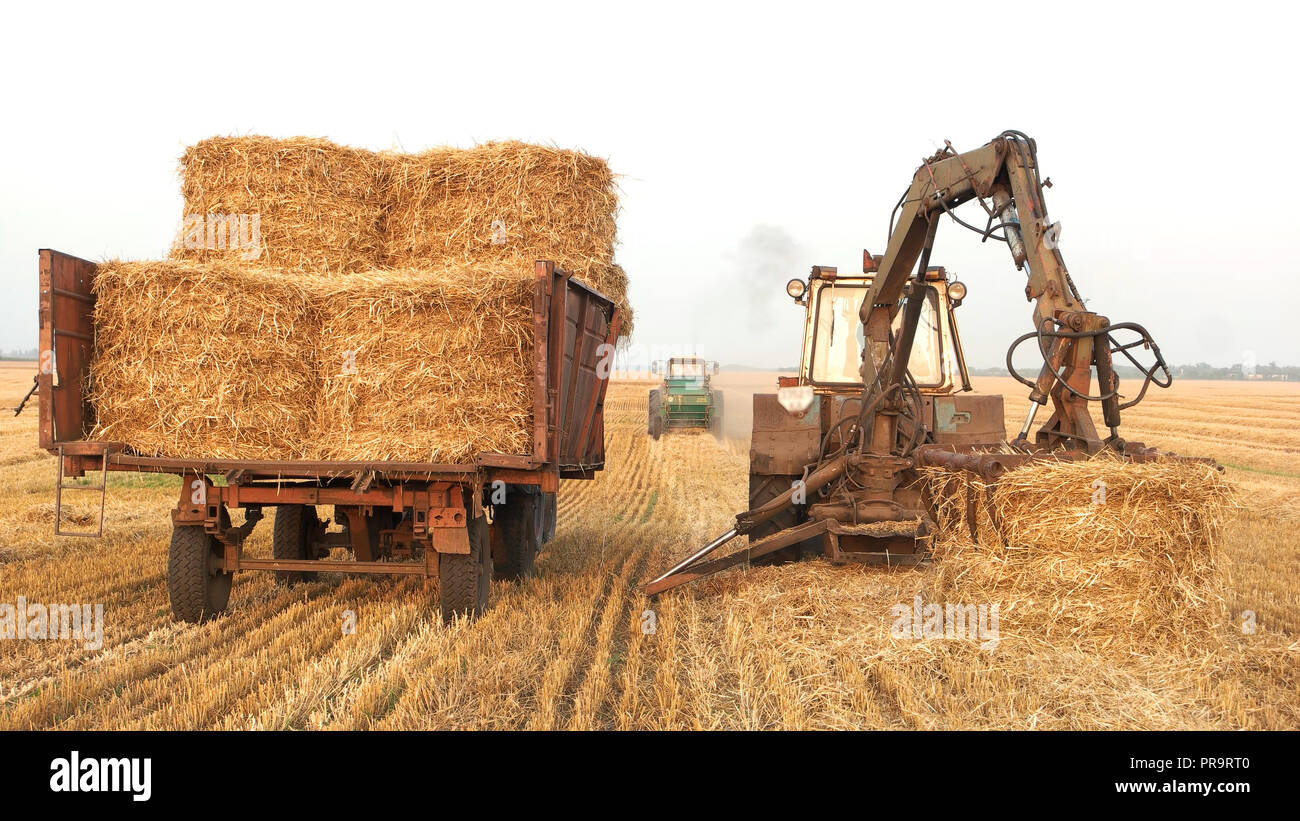 Trattori macchine per la raccolta delle rotoballe di fieno. Foto Stock