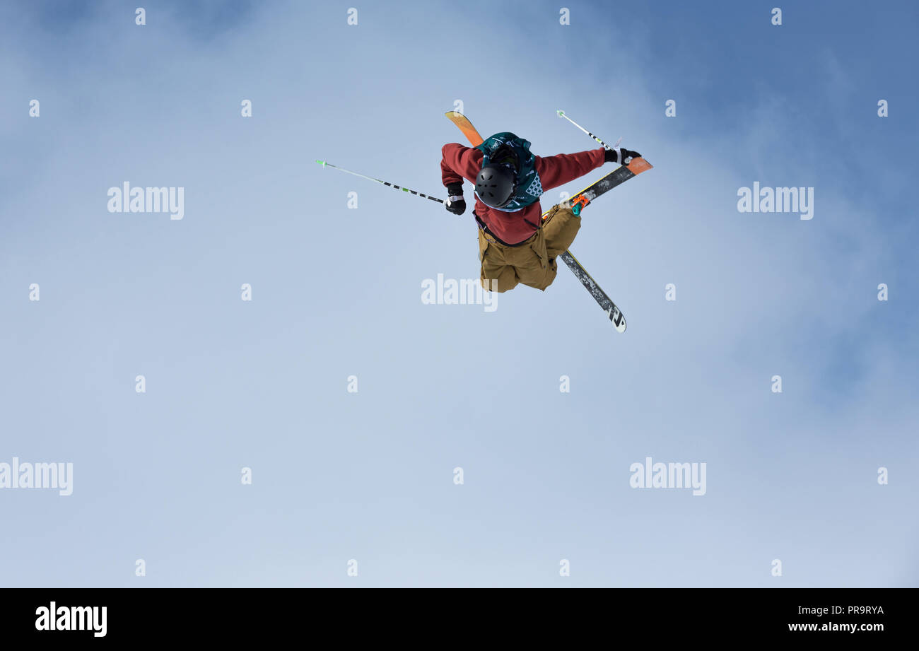 Sciatore freestyle mostra un grab Foto Stock