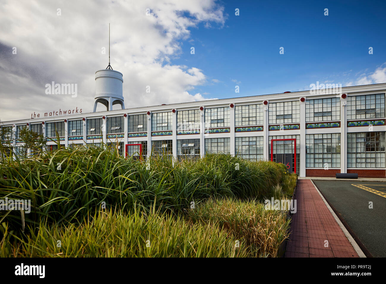 Il Grade ii Listed historic Mersey Match Factory, il Matchworks, ex match factory Speke Road, Garston, Liverpool, in Inghilterra. progettato da Mewès e da Foto Stock