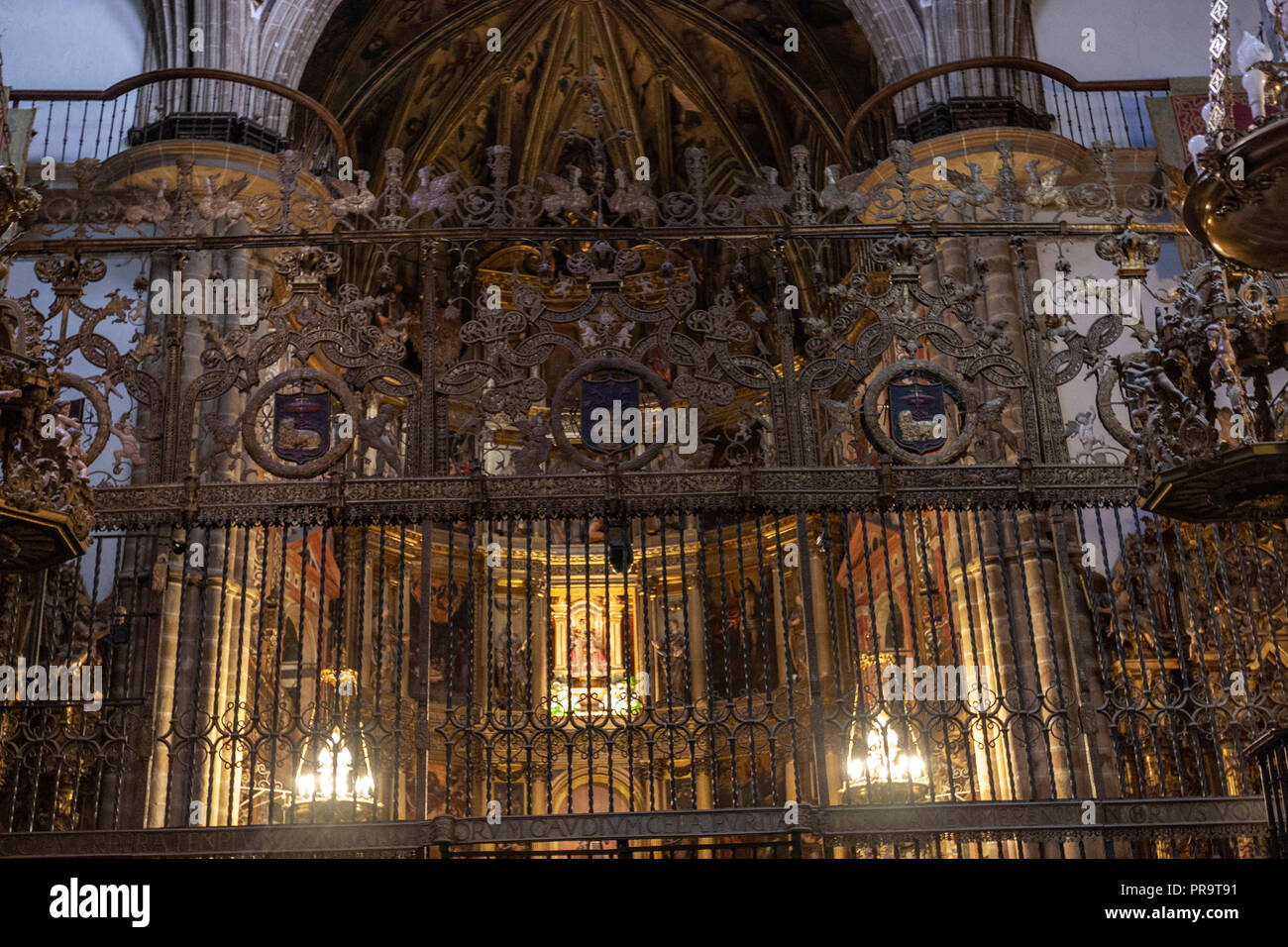 Cancellata in ferro battuto decorato con disegni e scudi con un gotico rinascimentale design, il Monastero reale di Guadalupe Guadalupe, Estremadura, Spagna Foto Stock