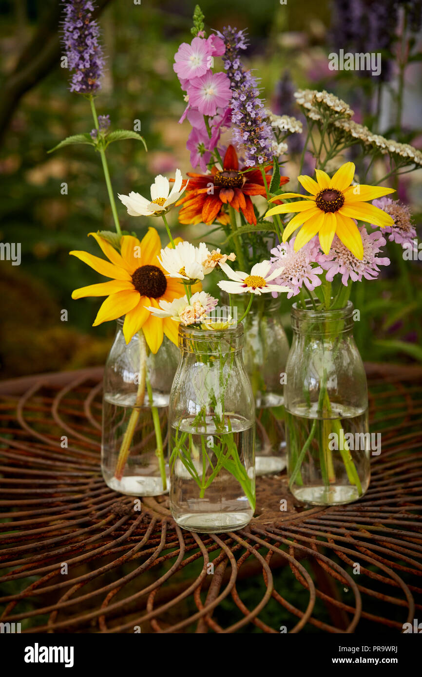 Girasoli in bottiglie di vetro a Tatton Park Flower Show 2018 Foto Stock