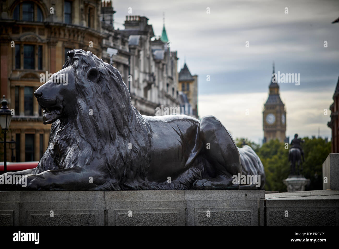 Landmark Trafalgar Square lions City of Westminster incorniciato dal Big Ben clocktower a Londra la città capitale d'Inghilterra Foto Stock