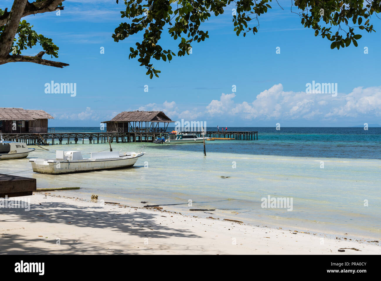 Pontile un villaggio su una spiaggia di Isola di Waigeo, Papua occidentale, in Indonesia. Foto Stock