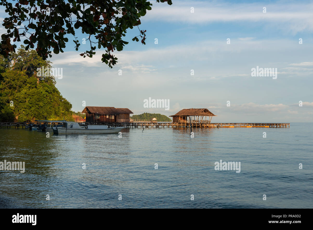 Pontile un villaggio su una spiaggia di Isola di Waigeo, Papua occidentale, in Indonesia. Foto Stock
