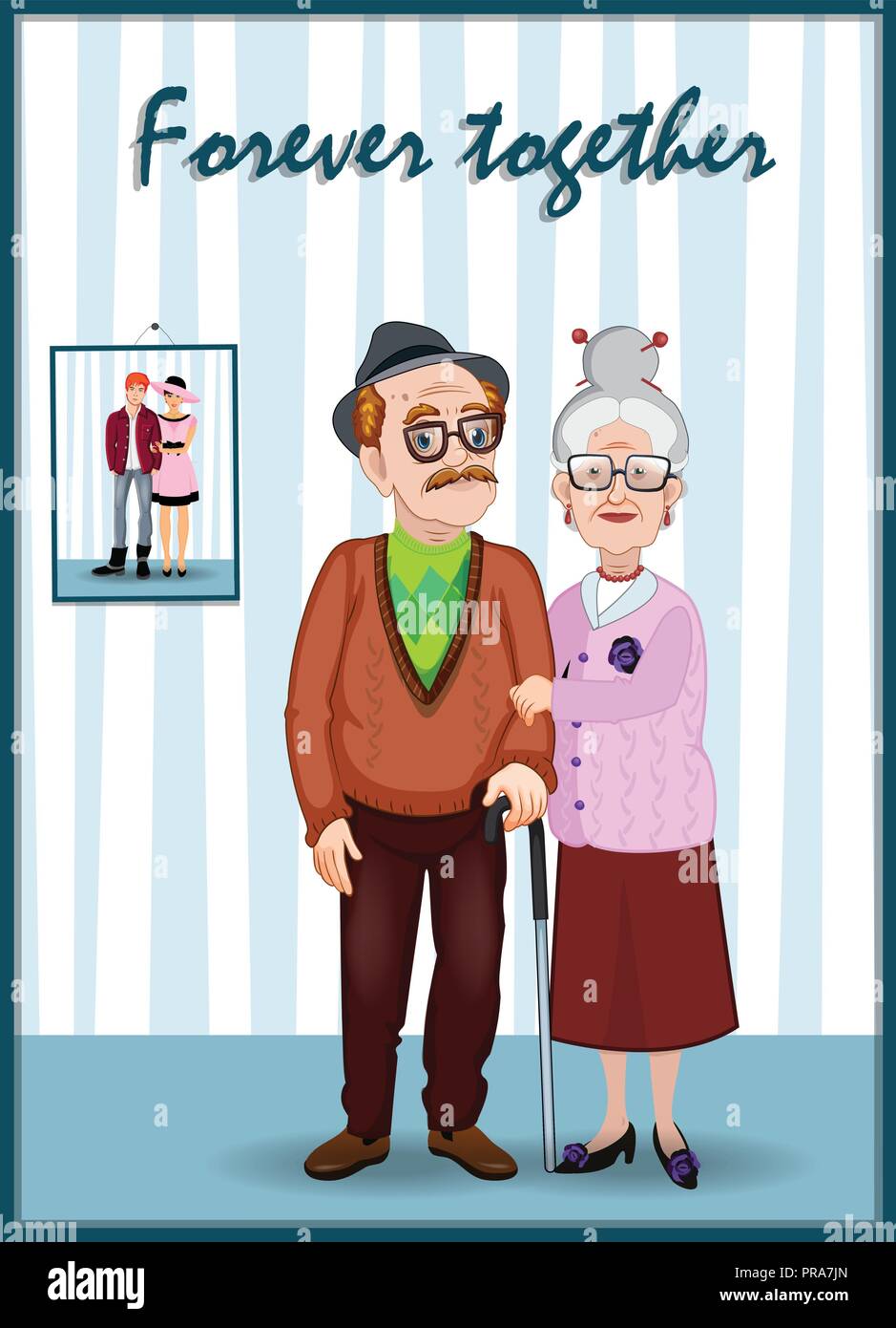 Per sempre insieme biglietto di auguri. Giorno dei Nonni cartoon illustrazione vettoriale della coppia di anziani tenendo le mani. Il nonno e la nonna in camera Illustrazione Vettoriale