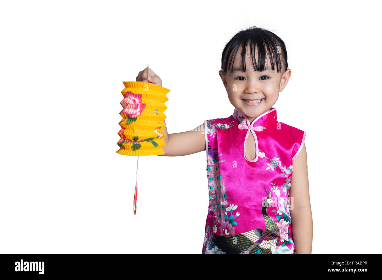 Cinese asiatici bambina holding laterna celebrare il festival di metà autunno in isolati sullo sfondo bianco Foto Stock