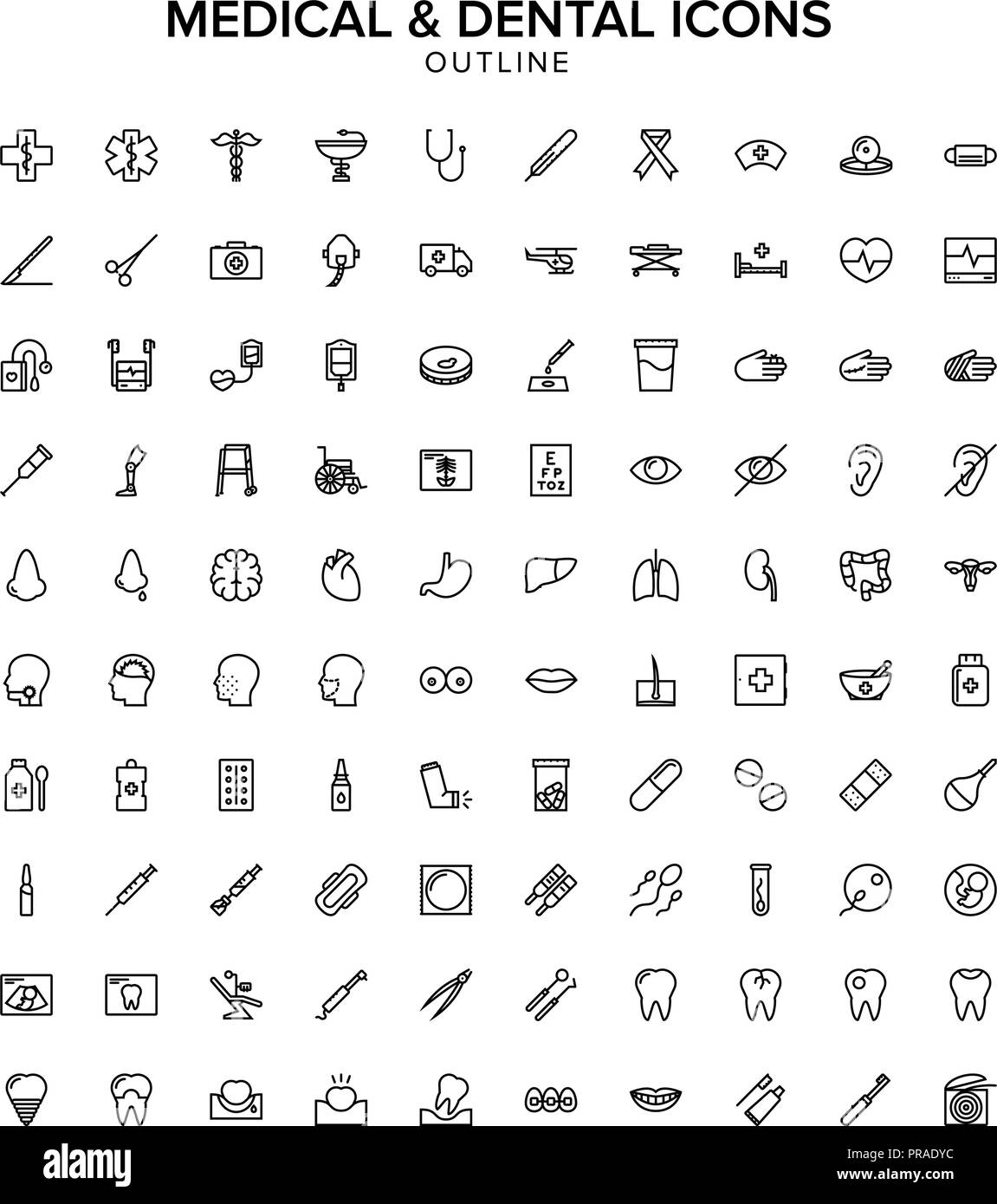 Di medico e di dentista icona di contorno impostato Illustrazione Vettoriale