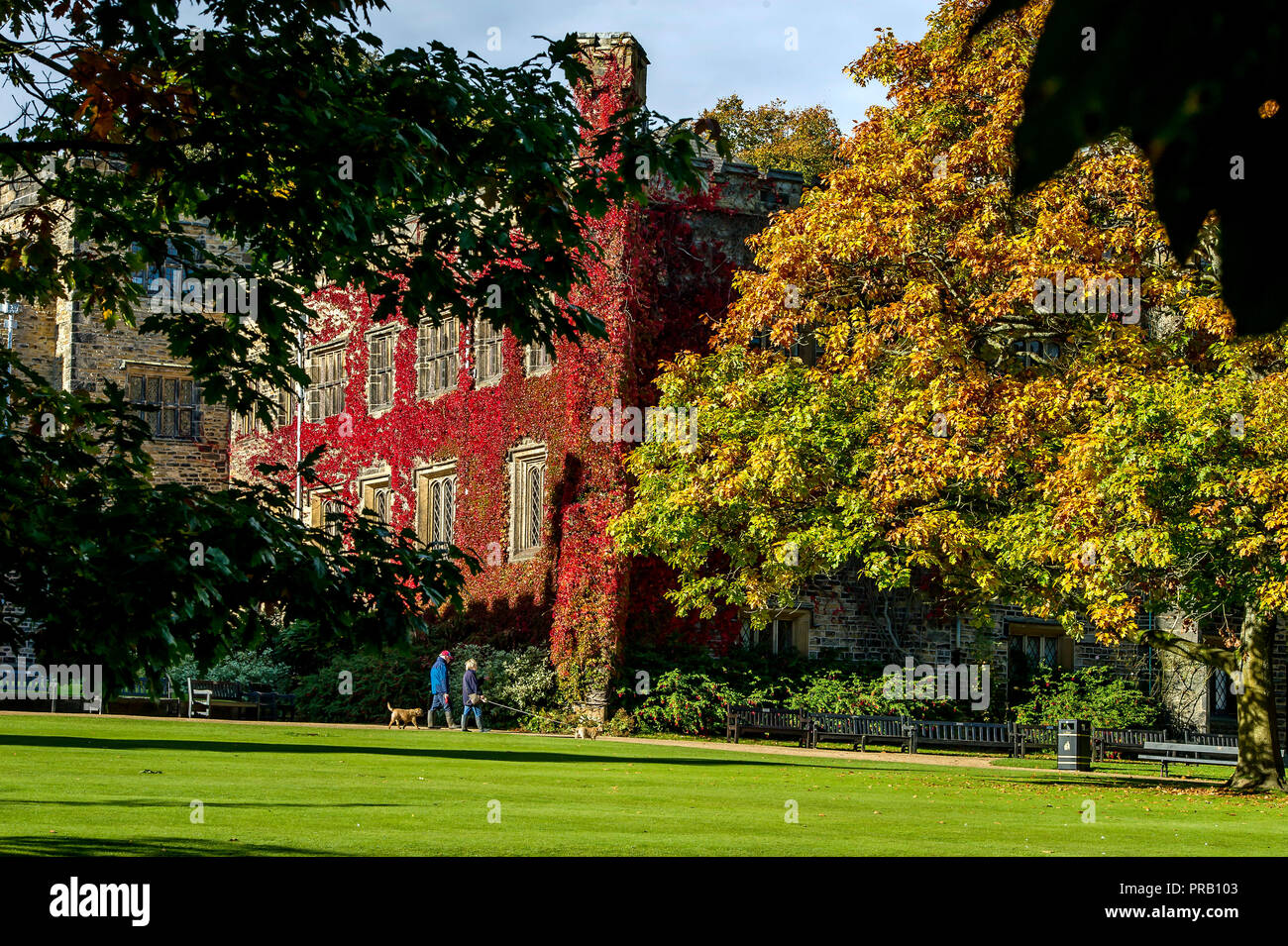 Burnley, Lancashire, Regno Unito. 1 Ott 2018. Glorioso sole autunnale per i visitatori a godere a Towneley Hall a Burnley, Lancashire, il primo giorno del mese di ottobre. Foto di Paolo Heyes, Lunedì 01 Ottobre, 2018. Credito: Paolo Heyes/Alamy Live News Foto Stock