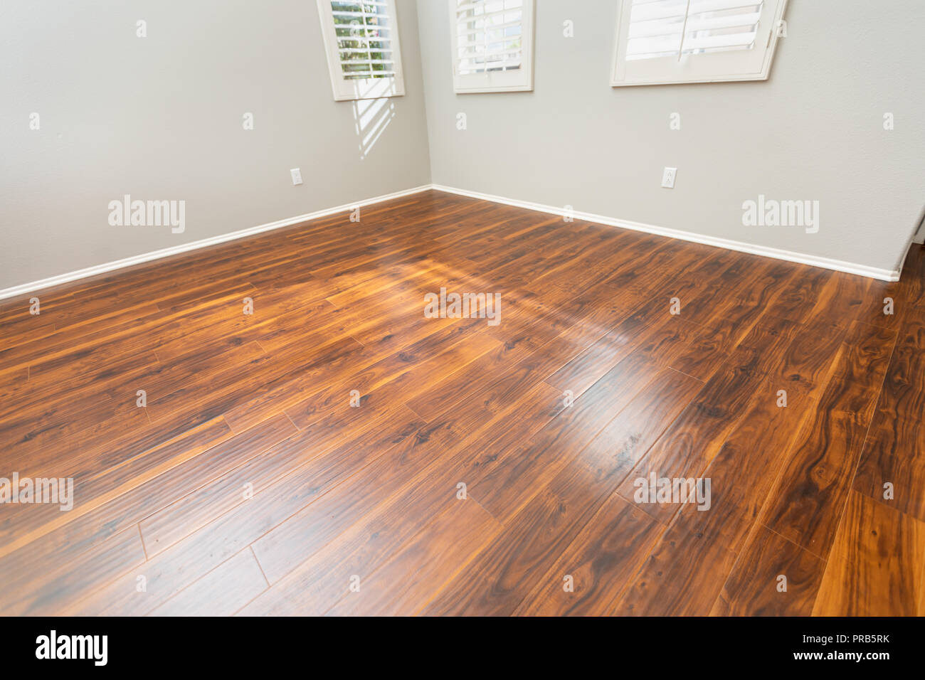 Installate recentemente Brown pavimenti in laminato e battiscopa in casa. Foto Stock