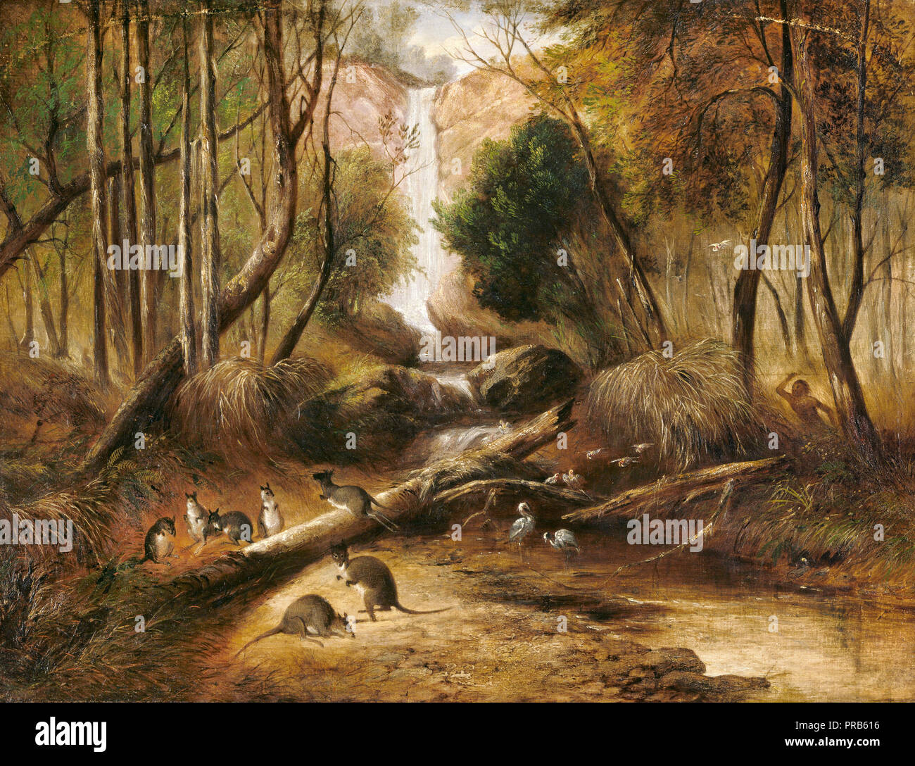 John Skinner Prout, Bush paesaggio con cascata e un aborigeno Stalking animali nativi, Nuovo Galles del Sud. Circa 1846, olio su tela, Galleria d'Arte di Foto Stock
