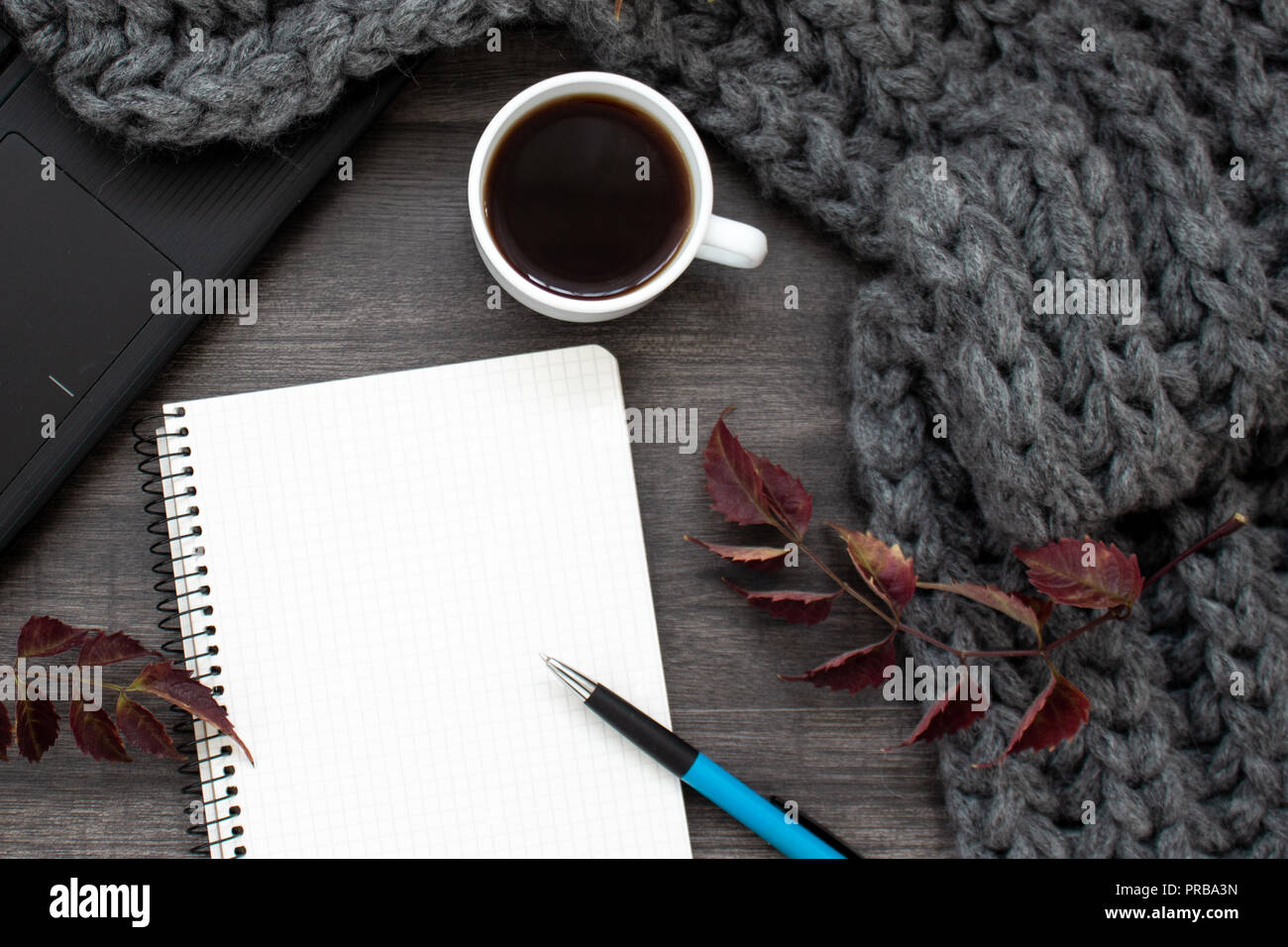 Autunno piatto composizione laici. Notebook con copia spazio, caffè e sciarpa sul tavolo di legno. Foto Stock