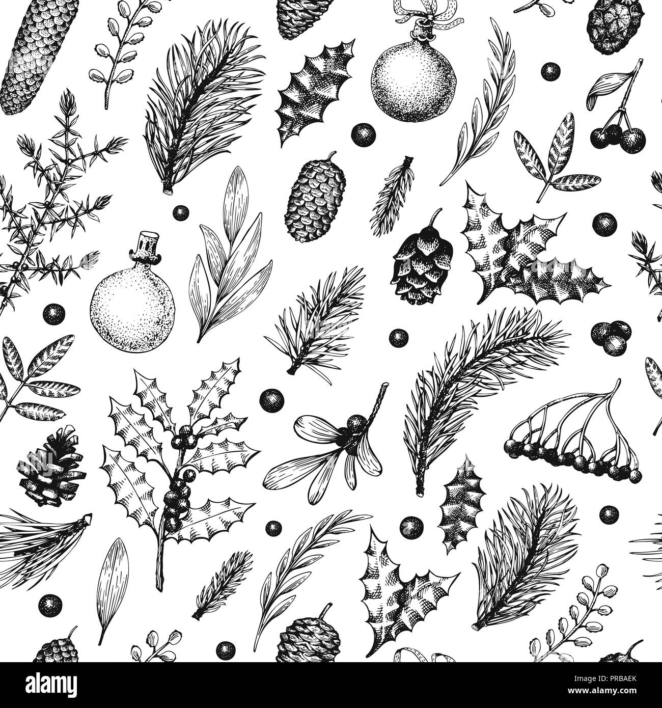 Natale seamless pattern in stile retrò. Vettore disegnati a mano illustrazioni. Sfondo con conifere, rami di pino, bacche, agrifoglio, vischio. Wint Illustrazione Vettoriale