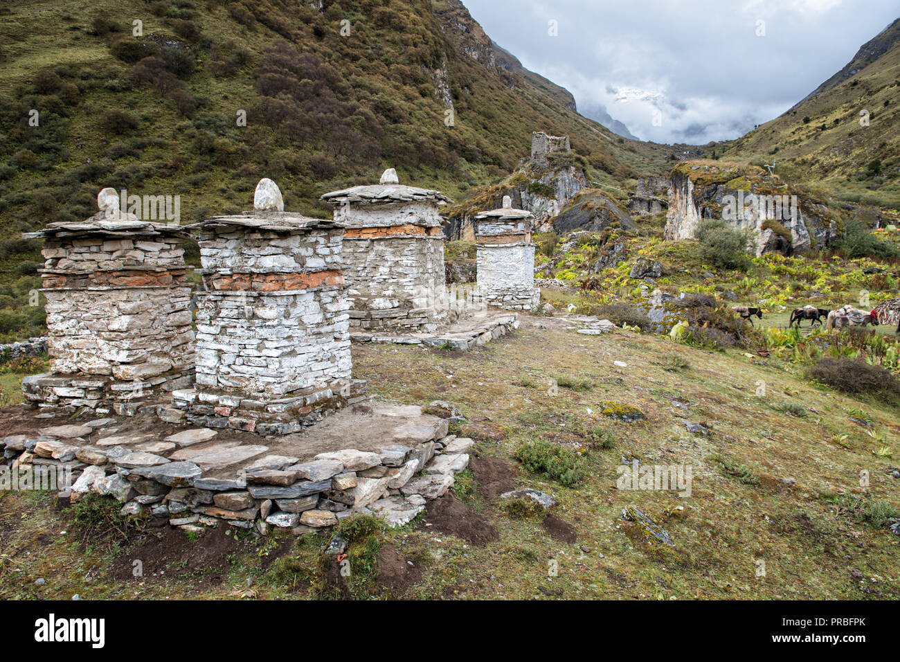 Chortens e le rovine di un dzong a Jangothang camp, Thimphu distretto, Snowman Trek, Bhutan Foto Stock