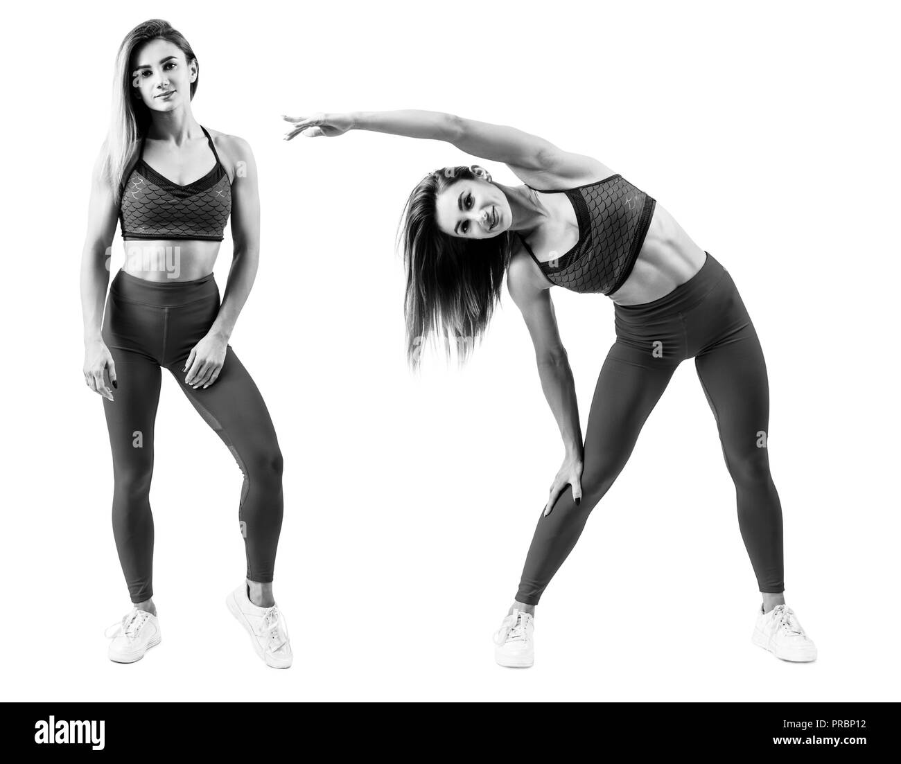Collage di lunghezza completa donna fitness in piedi in abbigliamento sportivo. Foto Stock