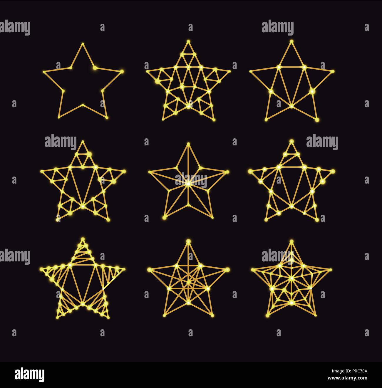 Golden Stars geometrico in stile art deco, variando i gradi di dettaglio. Il design moderno. Illustrazione Vettoriale su sfondo scuro Illustrazione Vettoriale