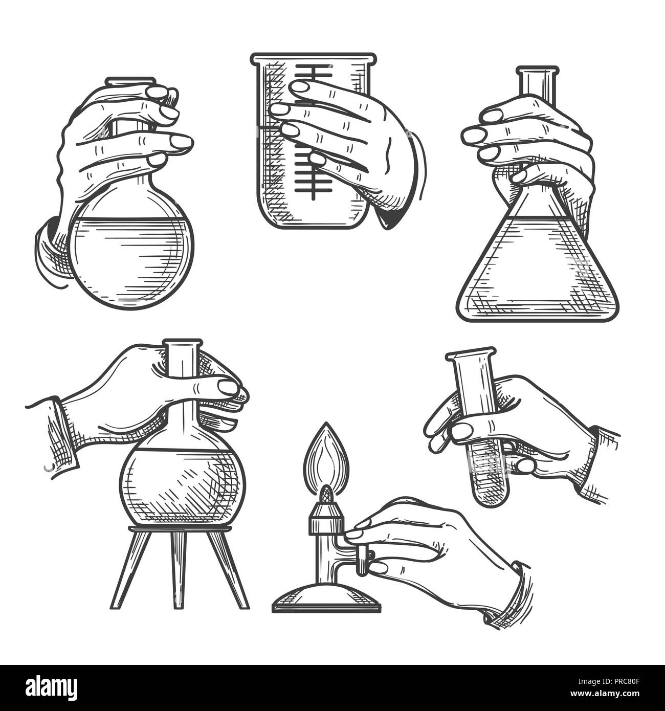 Retrò esperimenti di chimica. Vintage science laboratory bicchieri e bruciatori, vecchio schizzo mani del chimico in stile handdrawn, illustrazione vettoriale Illustrazione Vettoriale