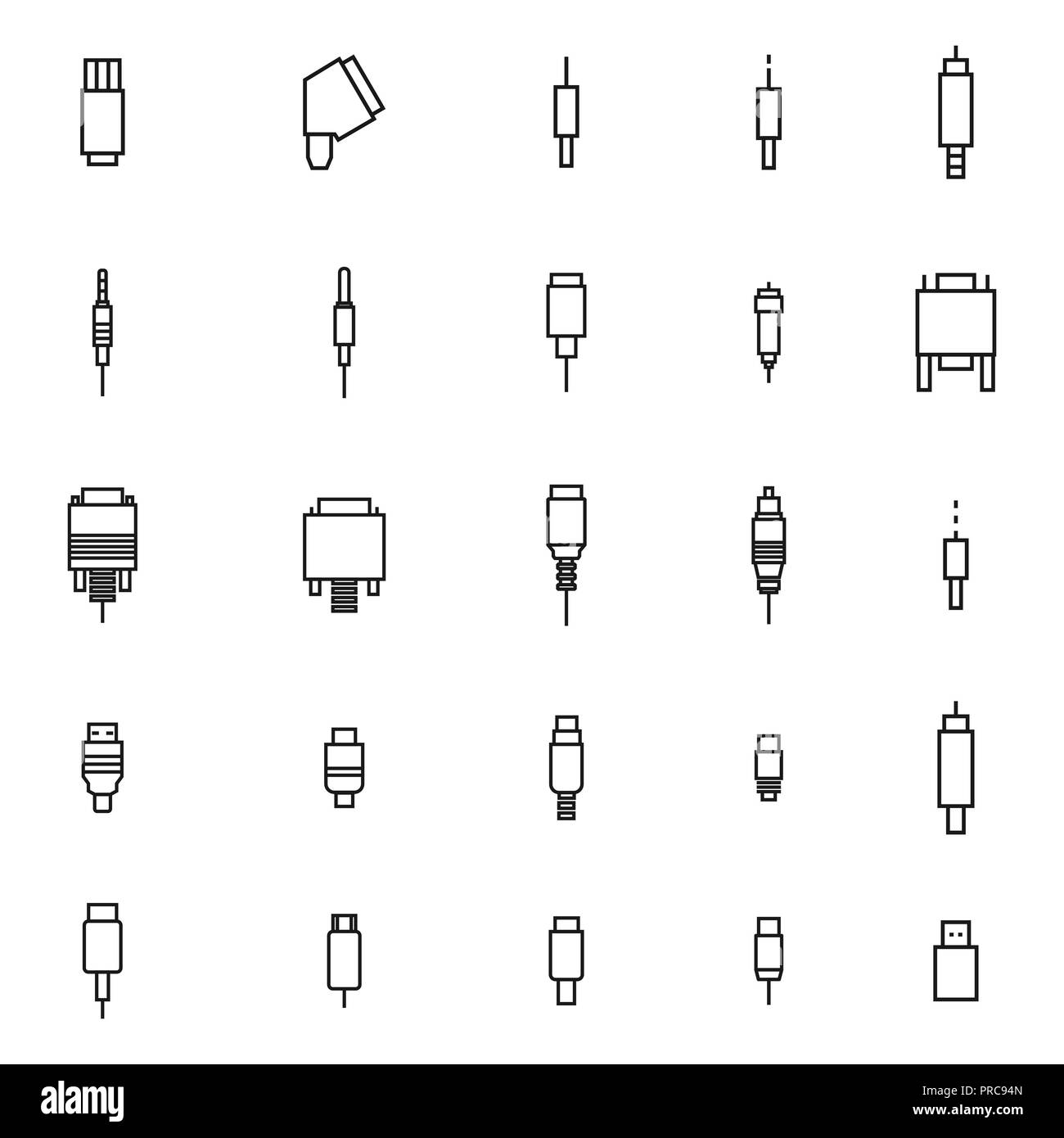 Set di diversi video e audio di spine di linee sottili isolati su sfondo bianco. Elementi di design di accessori per computer e dispositivi digitali, vec Illustrazione Vettoriale
