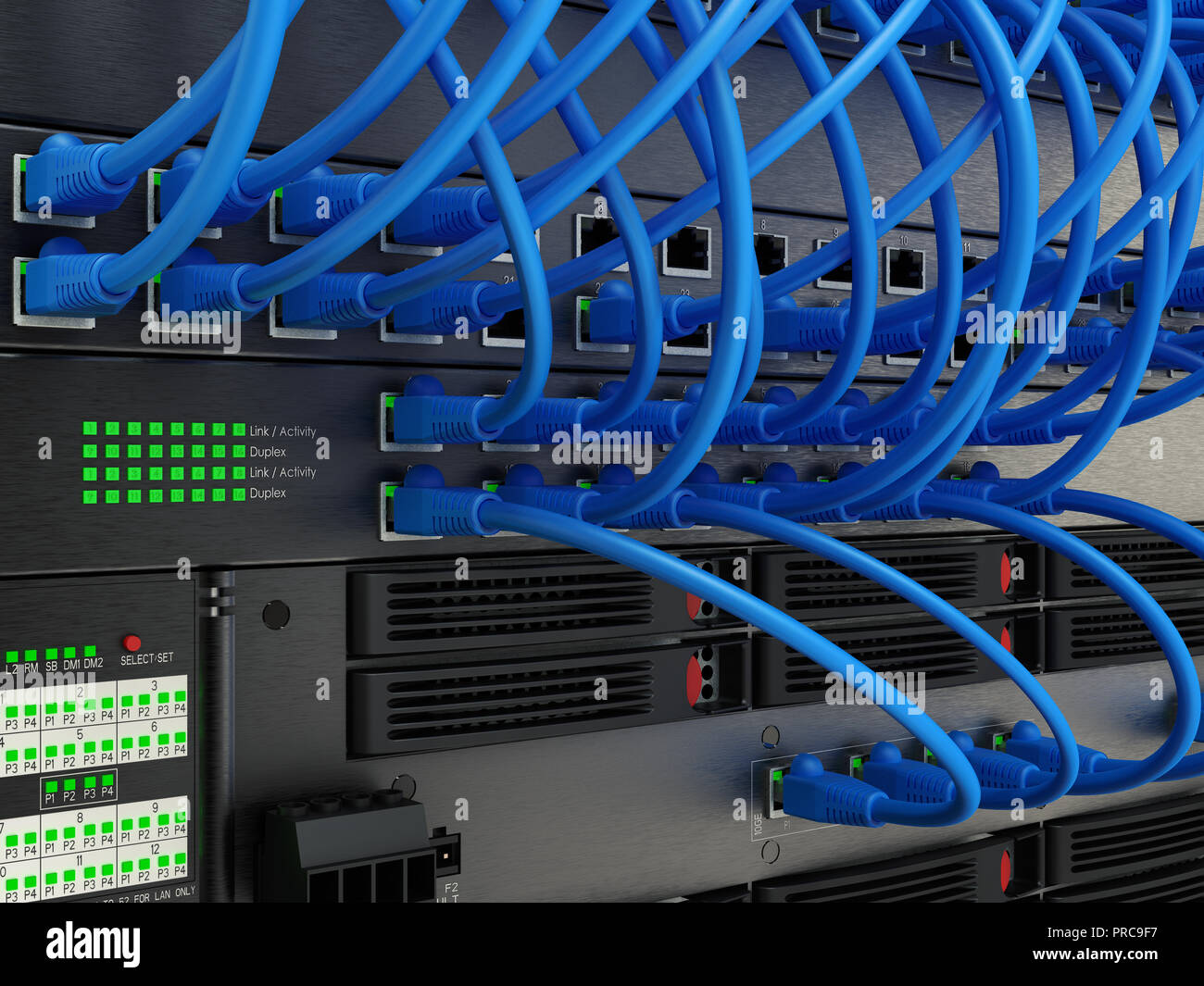 Server di rete pannello, Interruttore e cavo patch nel centro dati, rendering 3D Foto Stock