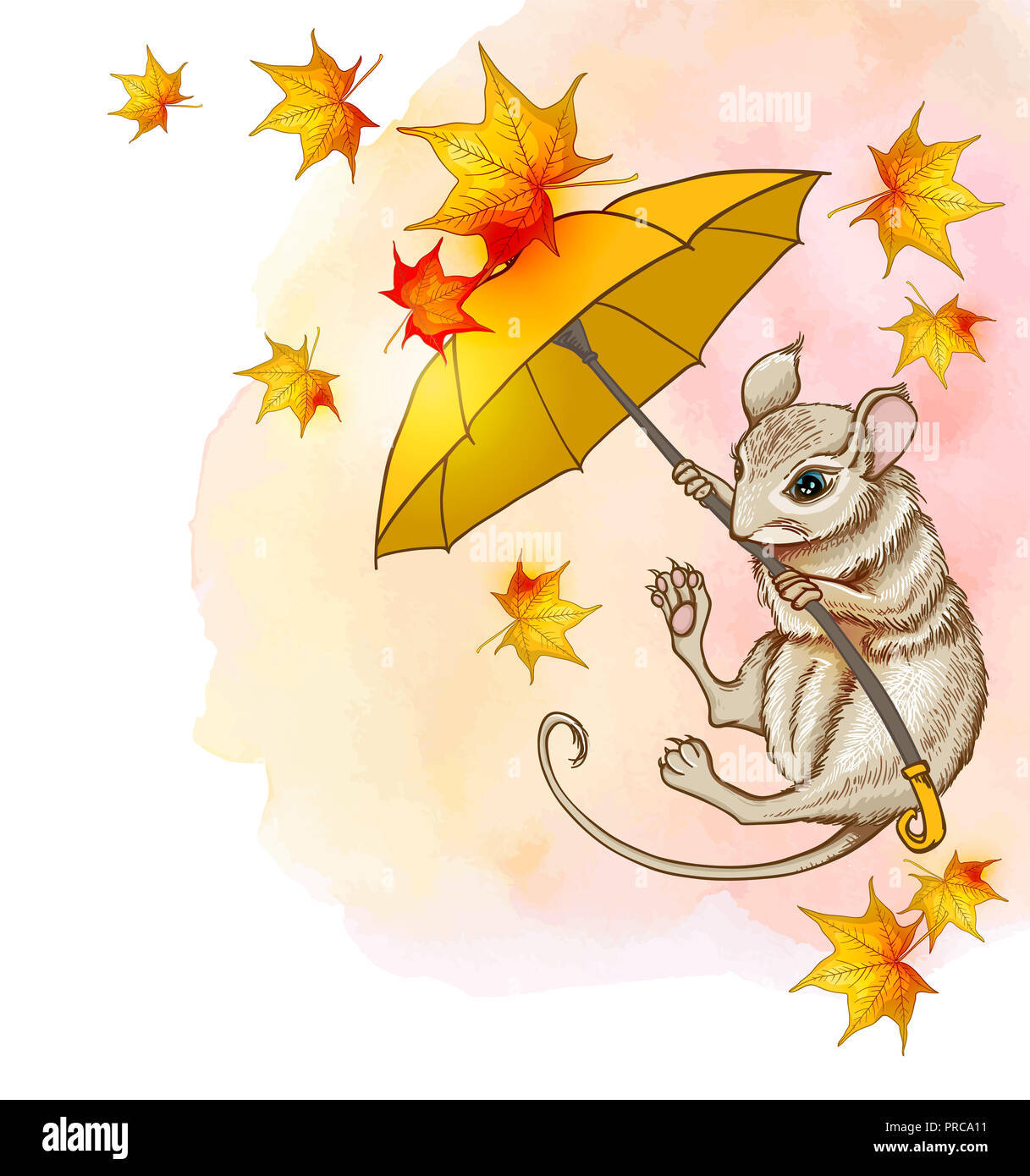Carino piccolo mouse a volare su un ombrello con foglie di acero. Autunno sfondo con texture ad acquerello Foto Stock
