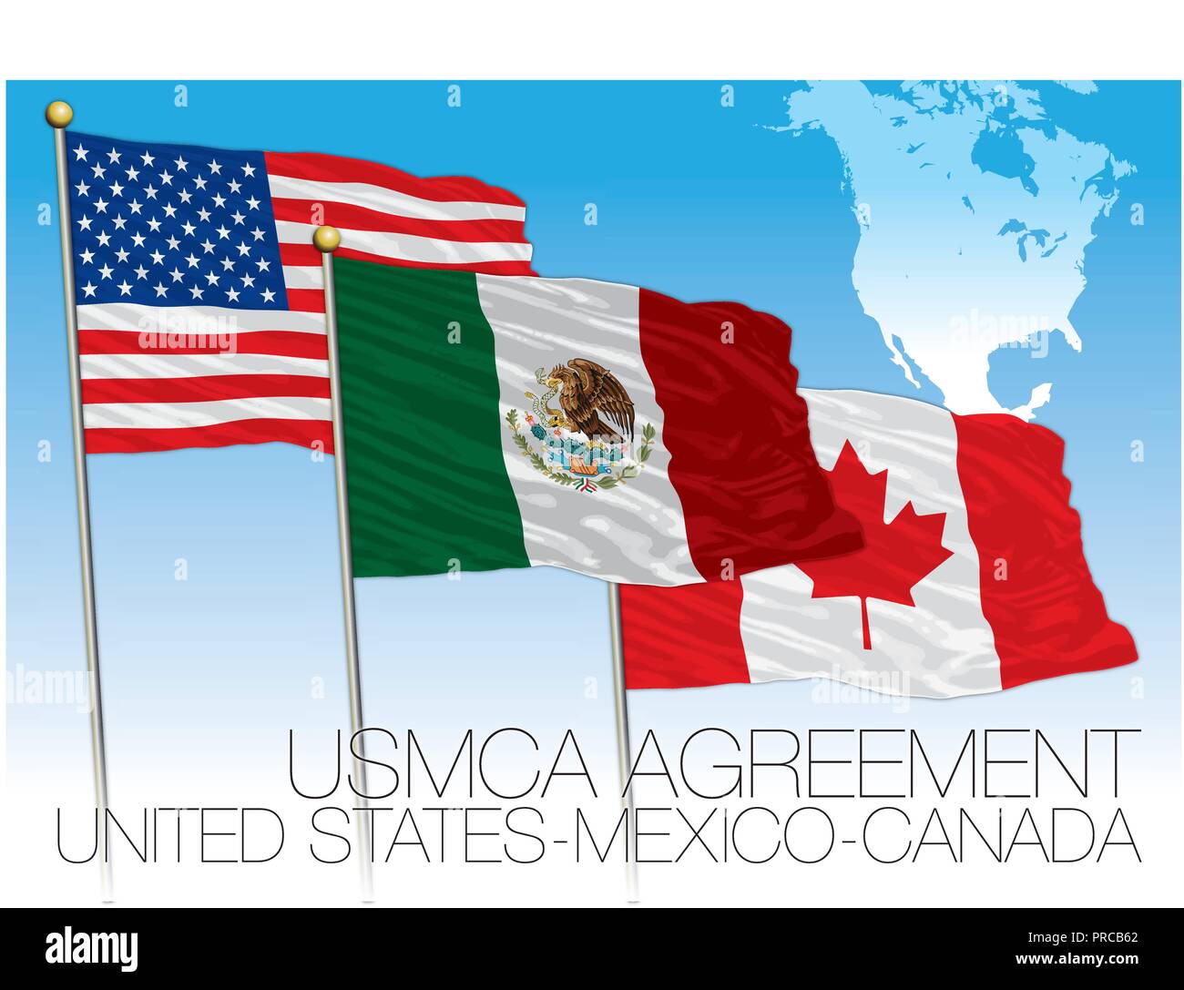 Accordo USMCA 2018 bandiere, Stati Uniti, Messico, Canada, illustrazione vettoriale con mappa Illustrazione Vettoriale