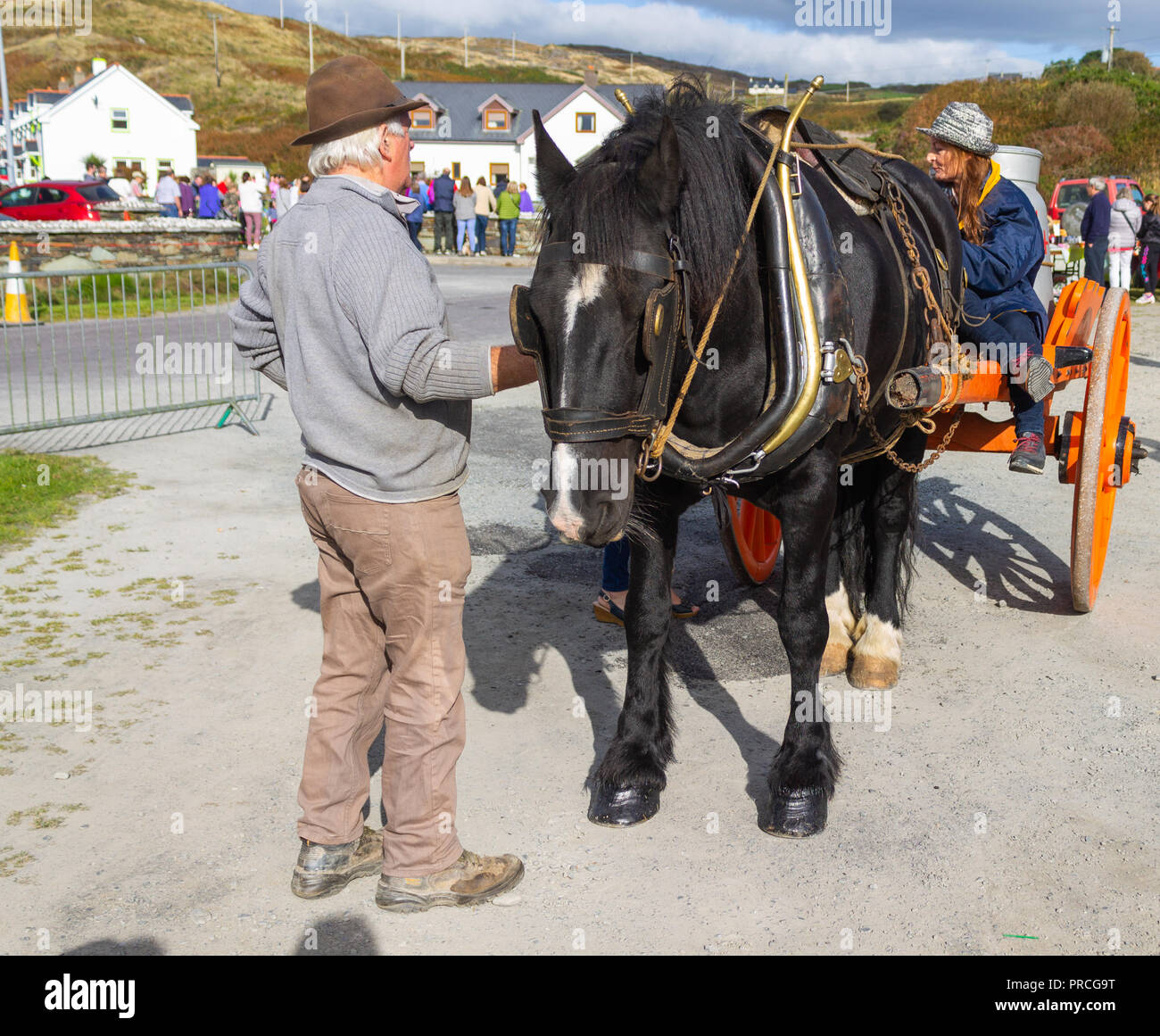 Uomo che conduce un cavallo e un carrello caricato con un bidone di latte in Irlanda rurale Foto Stock