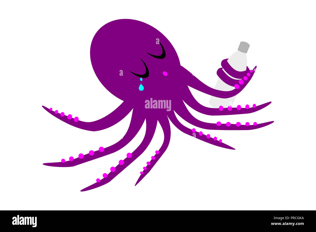 La conservazione ambientale concetto. Viola octopus e trovato in possesso di un vuoto bottiglia di plastica e si sentono tristi (pianto con gocce di strappo), sfondo bianco. Foto Stock