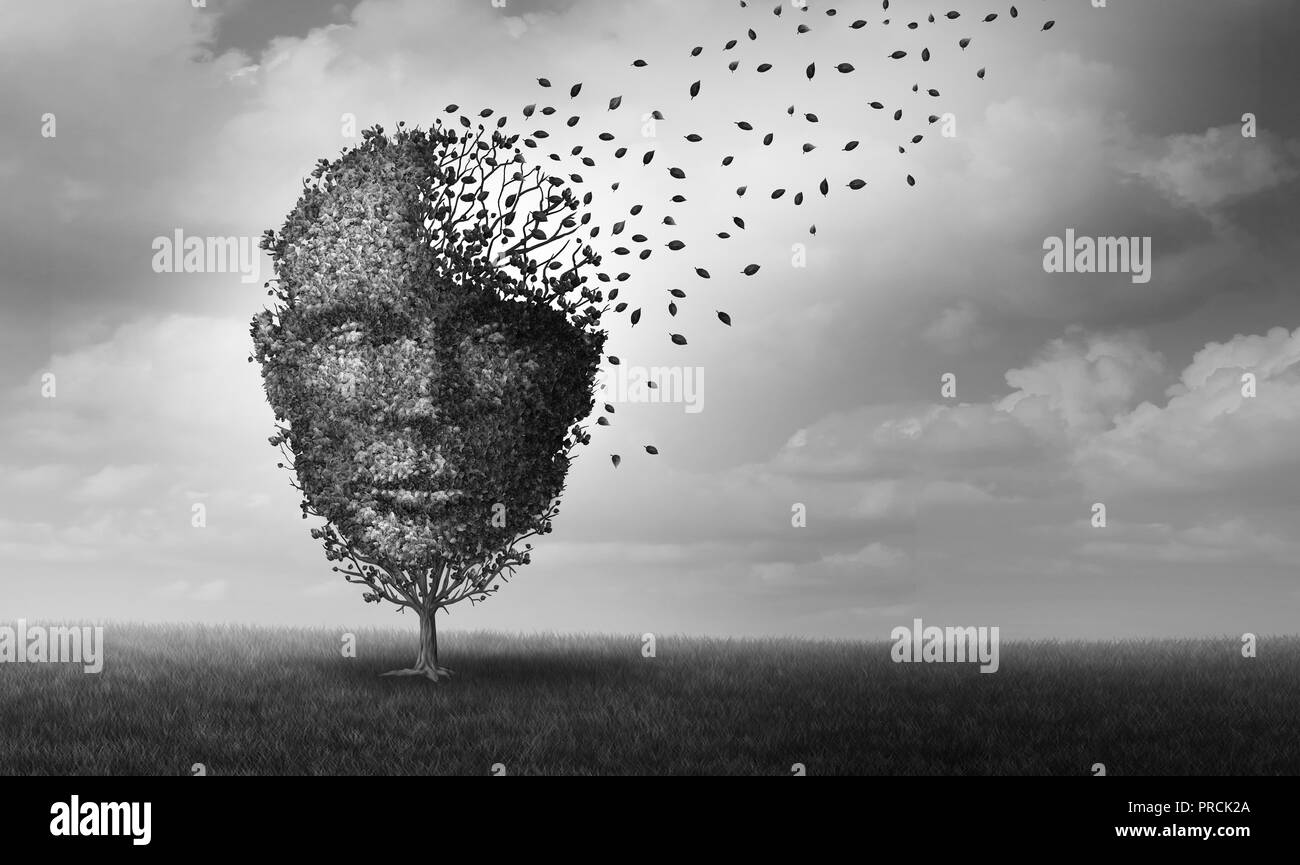Salute mentale e crisi personale idea come un albero a forma di una faccia perdere le foglie come ansia e stress umano simbolo con 3D'illustrazione degli elementi. Foto Stock