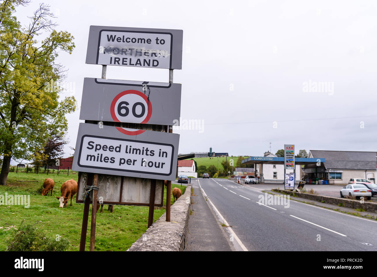 Segno presso l' Irish confine tra Irlanda del Nord e la Repubblica d' Irlanda per informare gli automobilisti che i limiti di velocità sono ora in miglia all'ora. Foto Stock