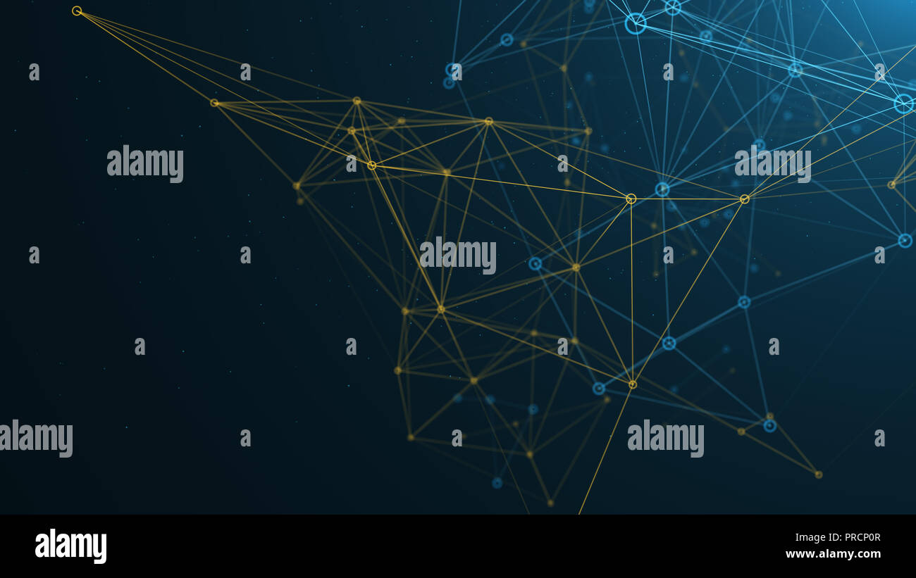 Digital Network astratta di blu e giallo di linee e punti collegati Foto Stock