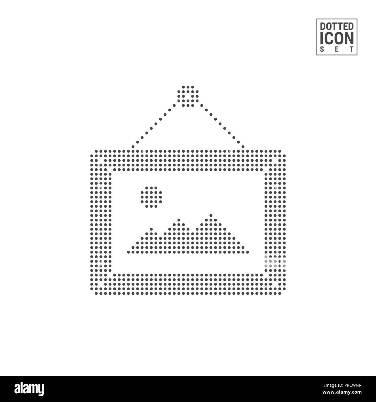 Cornice immagine appesa a un chiodo modello a punti e la relativa icona. Avatar predefinito icona punteggiata isolato su bianco. Sfondo del modello di progettazione. Può essere utilizzato per Advertisi Foto Stock