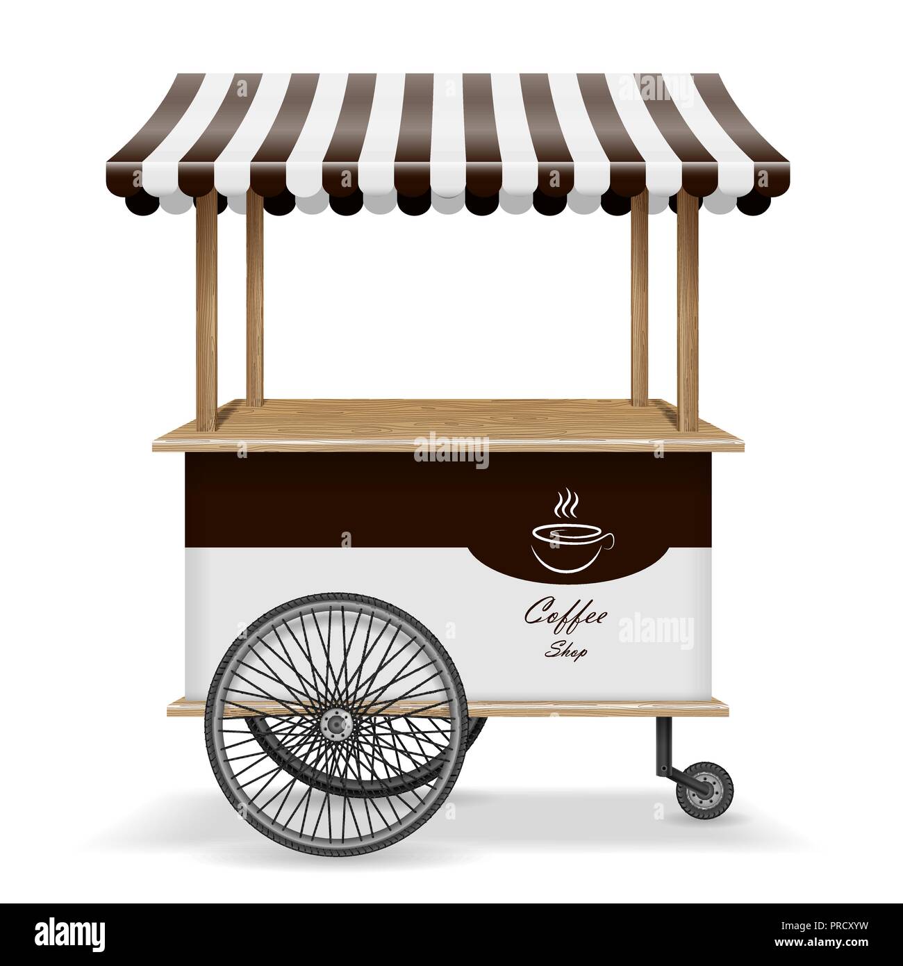 Realistico il cibo di strada carrello con ruote. Mobile del mercato del caffè modello di stallo. Caffè caldo store kiosk mockup isolato. Illustrazione Vettoriale Illustrazione Vettoriale