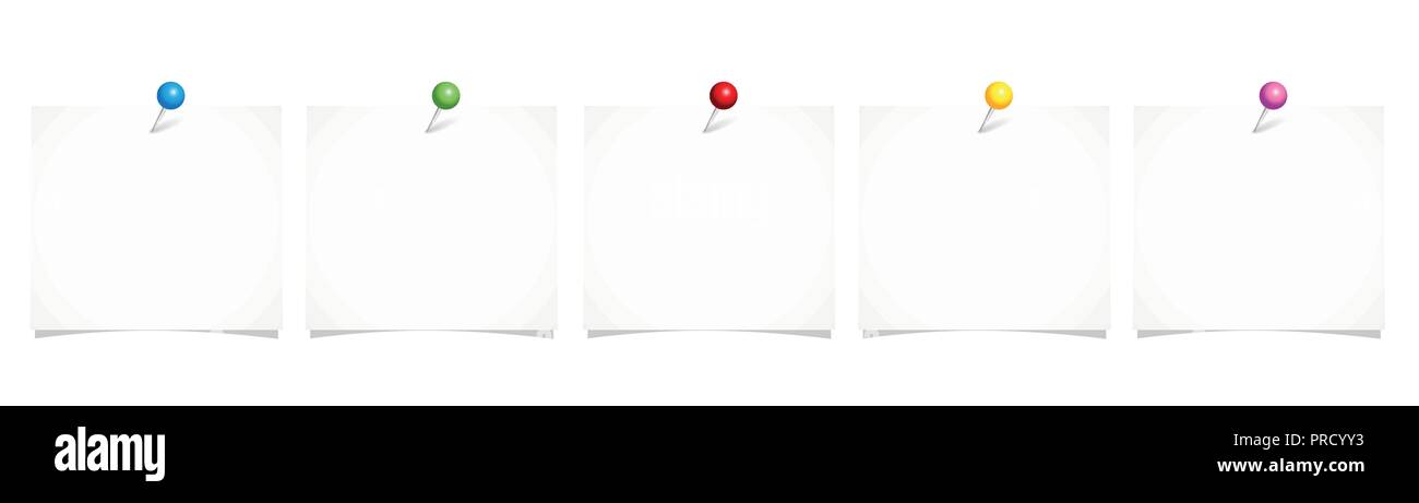 Set di nota bianco carta con pin colorati isolato su uno sfondo bianco illustrazione vettoriale EPS10 Illustrazione Vettoriale
