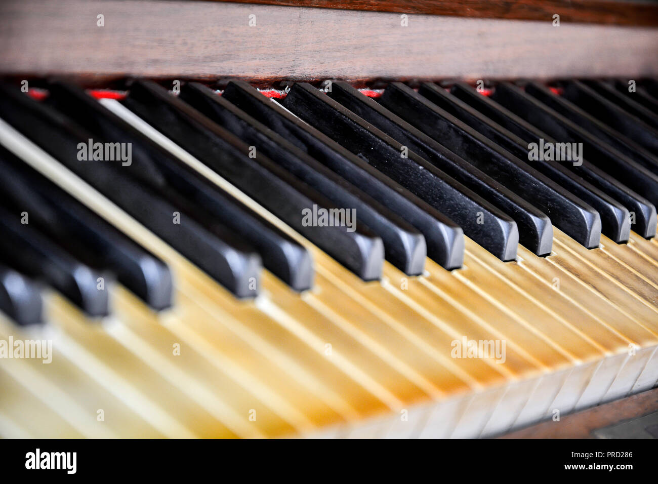 Vista ravvicinata delle chiavi di un antico pianoforte rovinato Foto Stock