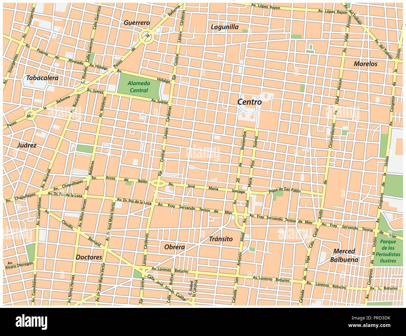 Centro storico di Città del Messico il vettore di mappa stradale. Illustrazione Vettoriale