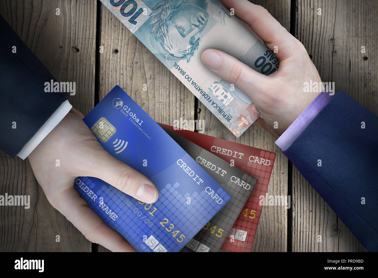 Due fiat valuta le fatture che vengono scambiati da due uomini di affari che come parte di una transazione commerciale. Foto Stock