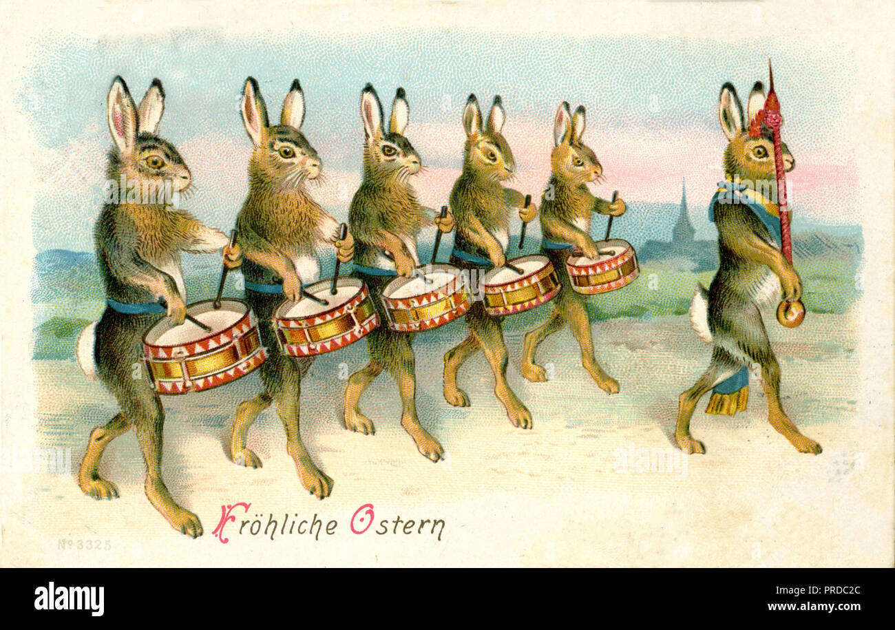 Conigli pasquali sfilando con i tamburi, Tedesco cartolina di Pasqua alla fine del ventesimo secolo, Foto Stock
