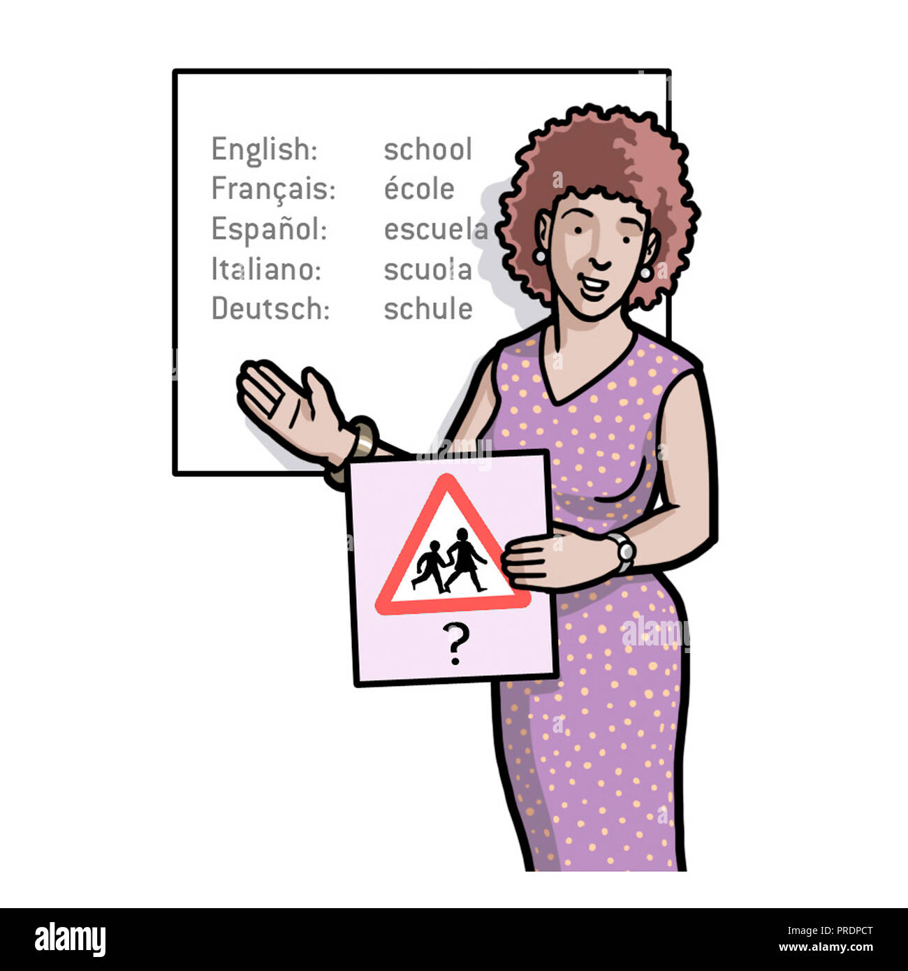 Insegnante femmina mostra cartello stradale e la parola 'scuola' in diverse lingue Foto Stock
