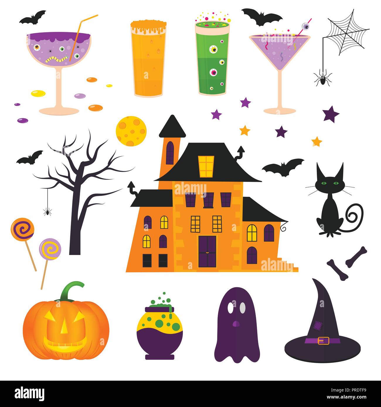 Set di carino vettore icone di Halloween di zucca, castello, cat, ghost, candy, bat, cappello, cocktail. Elementi, oggetti per carta vacanze, holliday invito Illustrazione Vettoriale