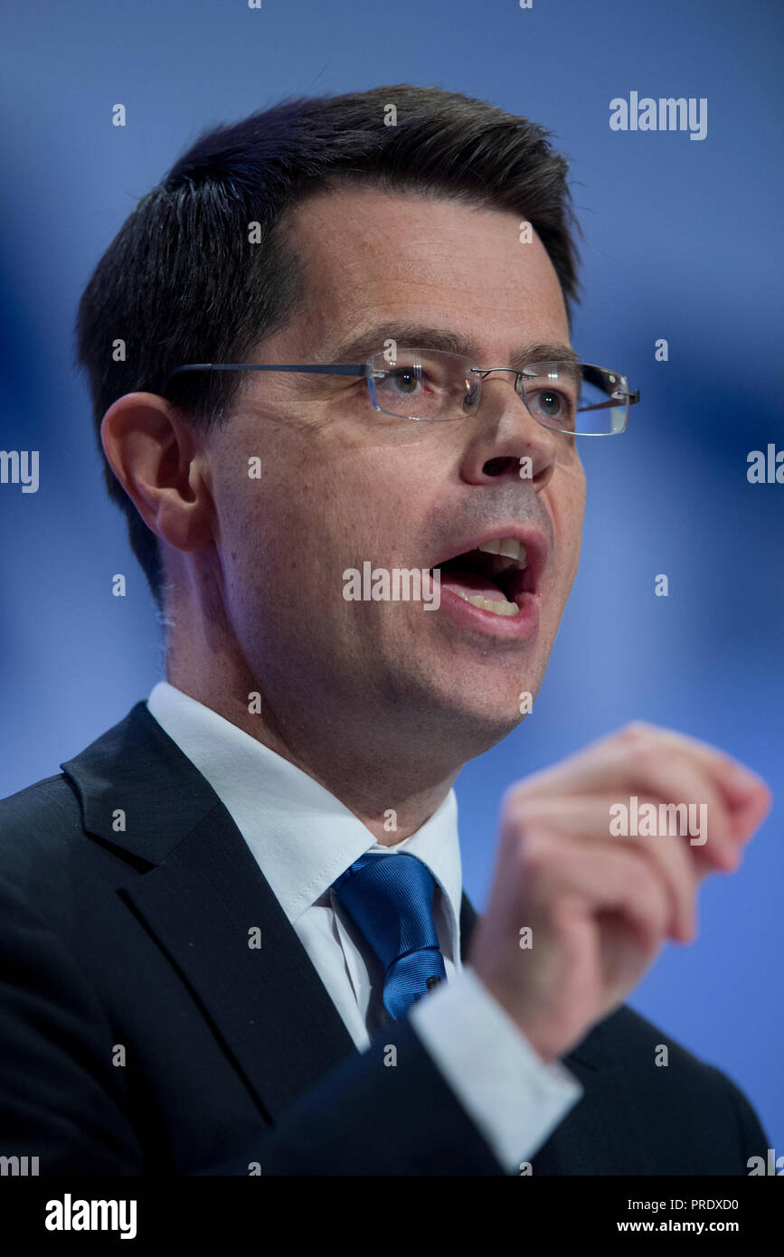 Birmingham, Regno Unito. 1 ottobre 2018. James Brokenshire, Segretario di Stato per l'alloggiamento, la Comunità e il governo locale e conservatore MP per la vecchia Bexley e Sidcup, parla al congresso del Partito Conservatore di Birmingham. © Russell Hart/Alamy Live News. Foto Stock