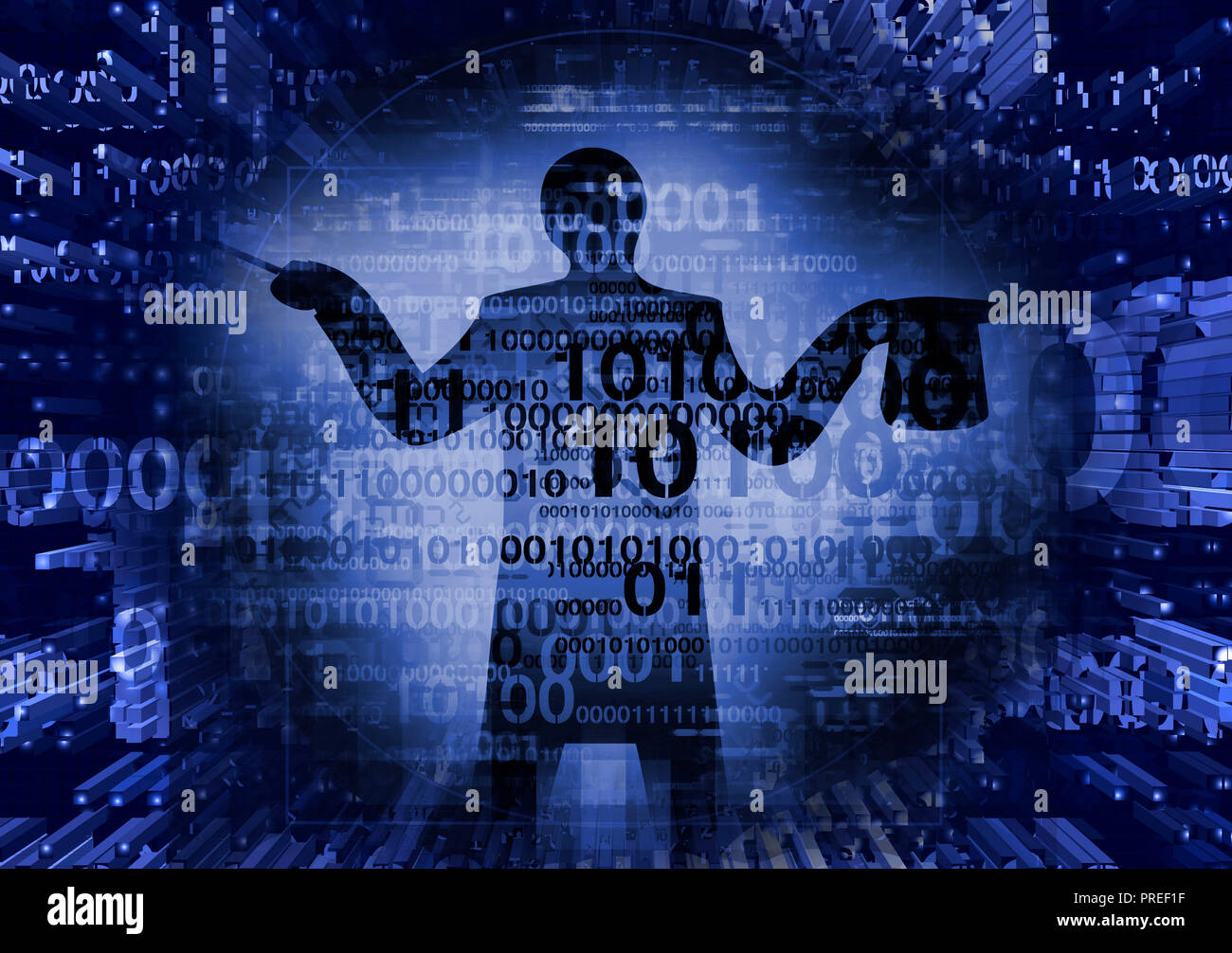 Computer mago. Silhouette maschile sullo sfondo dei codici binari. Foto Stock