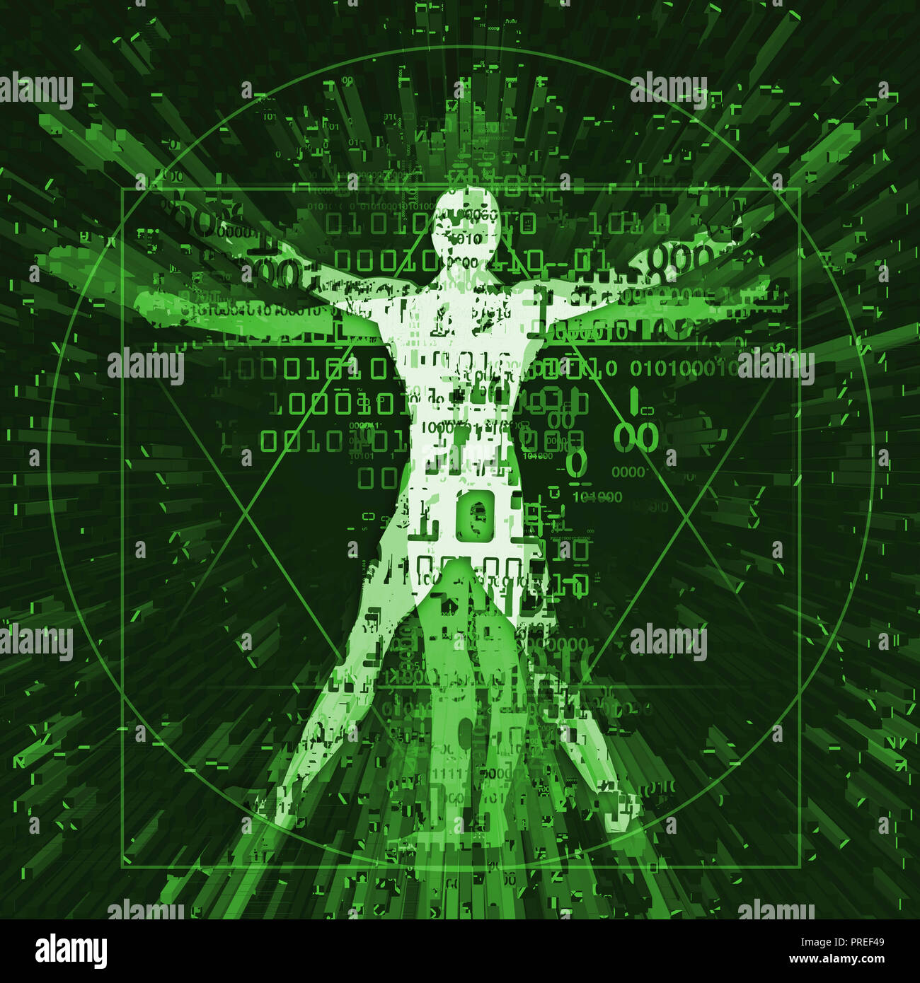 L'uomo vitruviano di età digitale, sfondo verde. Illustrazione dell'uomo vitruviano con codici binari simboleggiato era digitale su sfondo verde. Concetto Foto Stock